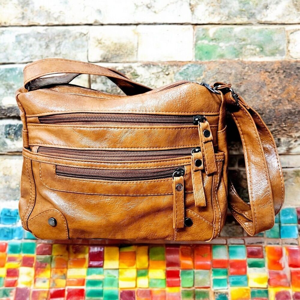 Brown Multi Pocket Woman's Purse Faux Leather Everyday Crossbody Shoulder Bag